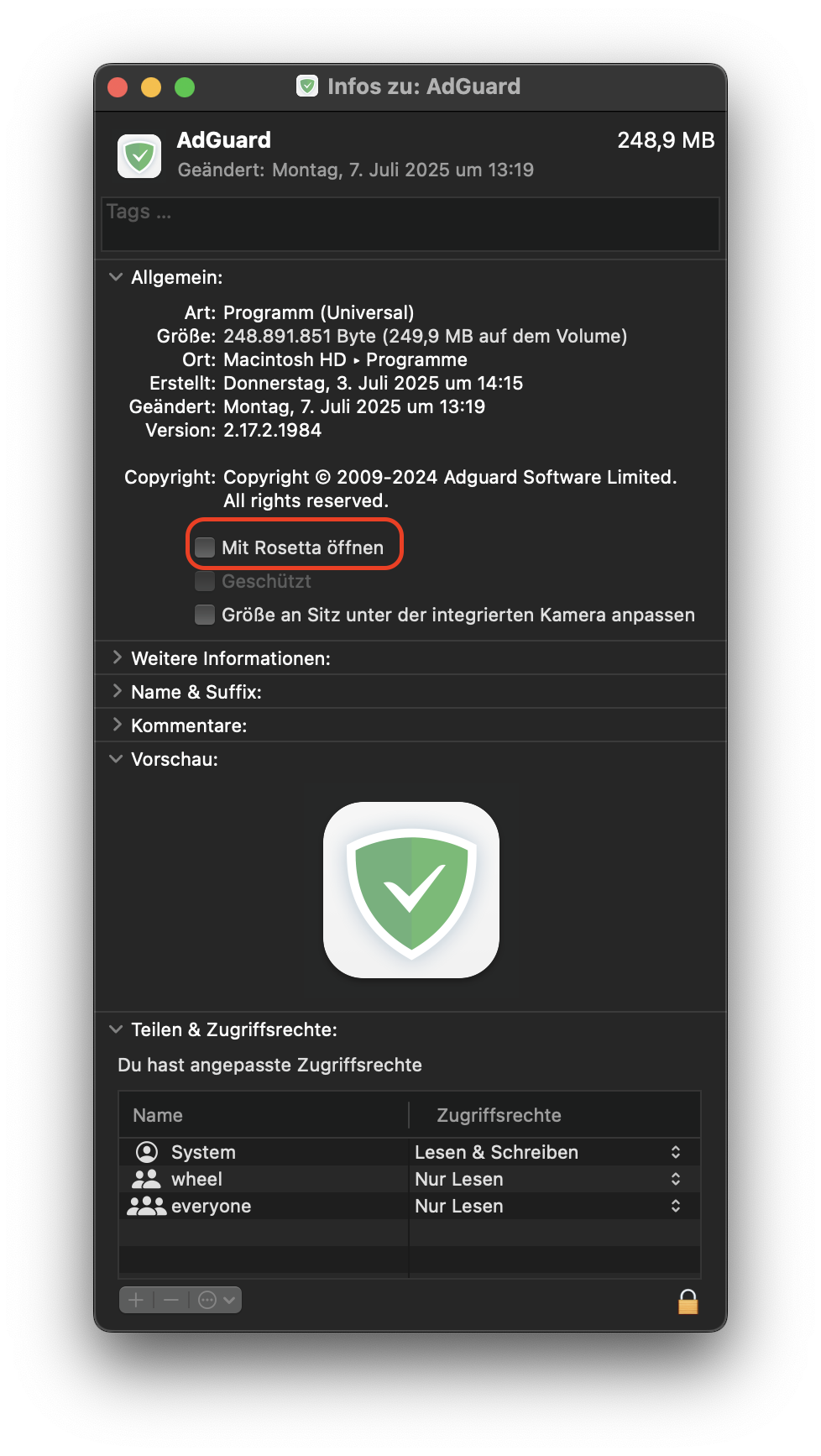 Klicken Sie im Fenster Informationen auf Allgemein und aktivieren Sie das Kontrollkästchen neben Mit Rosetta öffnen. Dadurch können Sie möglicherweise eine Anwendung mit Rosetta auf einem Mac öffnen.