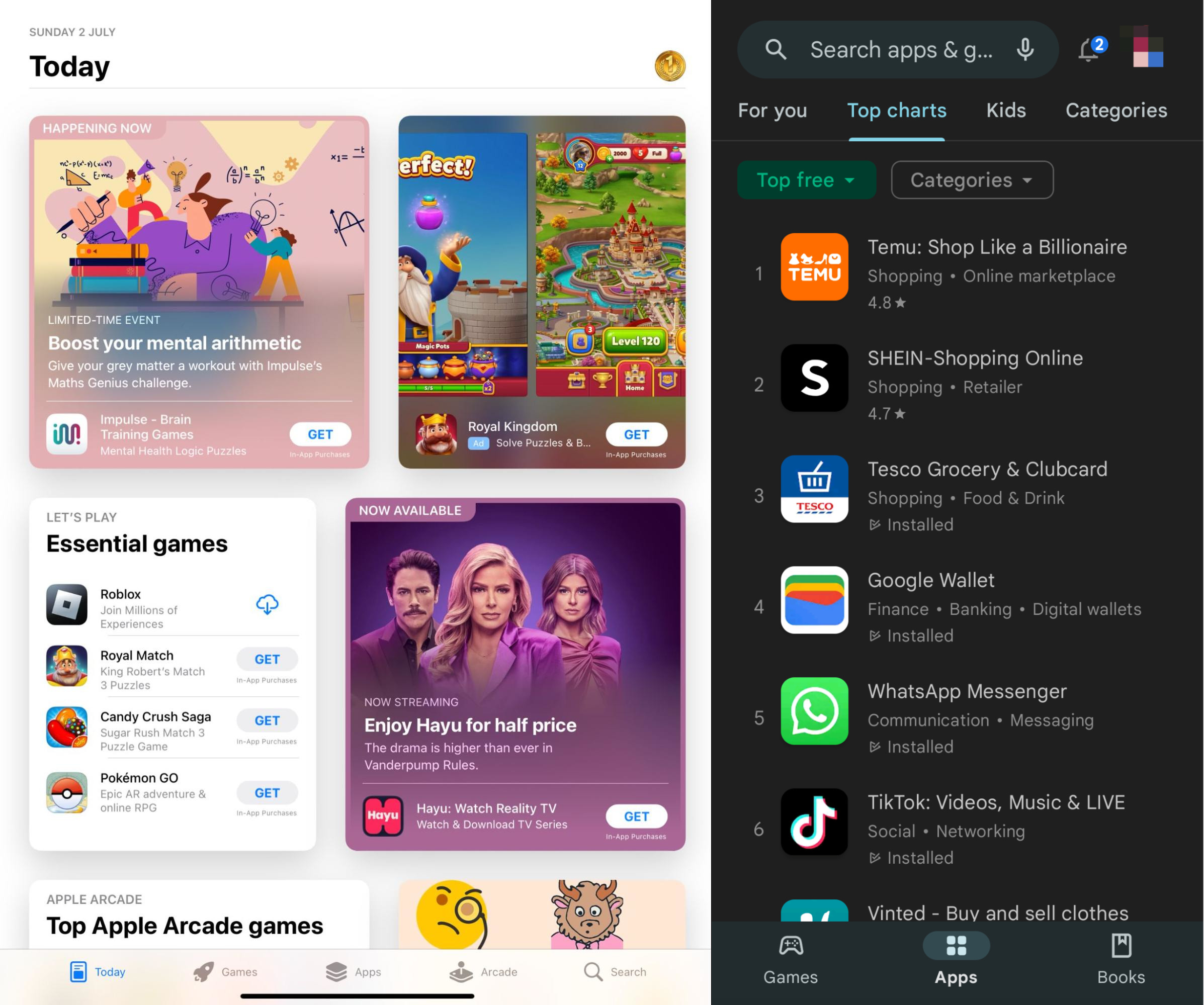 The home screen of the iOS App Store and the Google Play Store. iOS App Store shows what's new, plus recommendations for games and other apps that you might like. The Google Play store shows the most popular free apps right now in the store. 