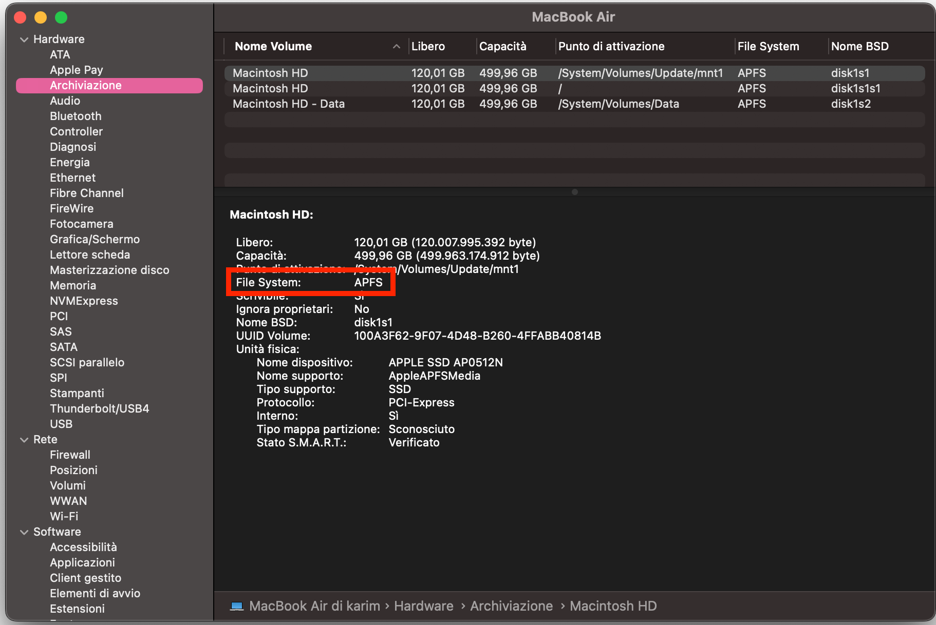 Nella barra laterale, scorri fino a trovare la voce Archiviazione. Selezionala, poi guarda nel pannello a destra per trovare informazioni sull’unità del tuo Mac, incluso il file system.