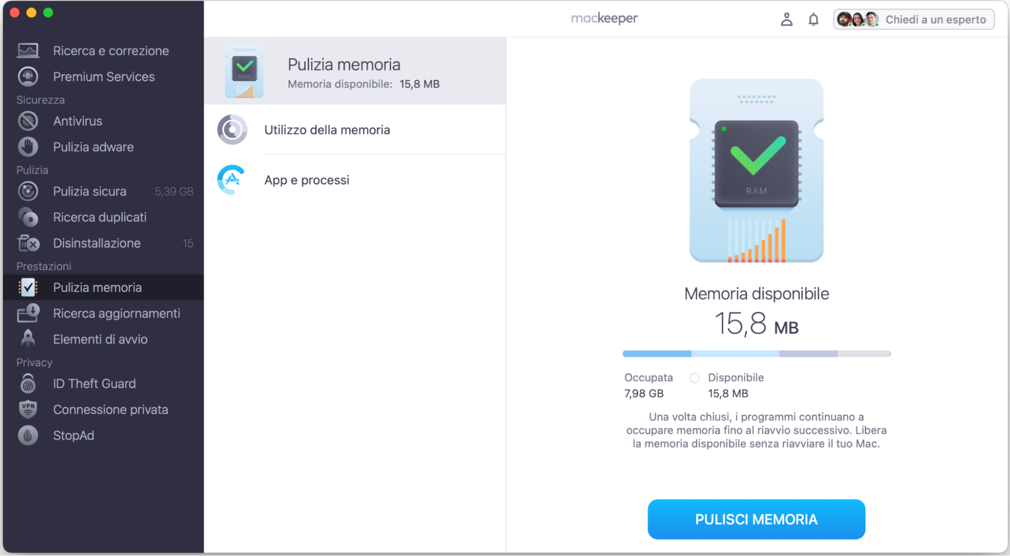 In Memory Cleaner di MacKeeper, avvia una scansione e attendi i risultati. Poi scegli i processi da interrompere e clicca su Pulisci memoria.