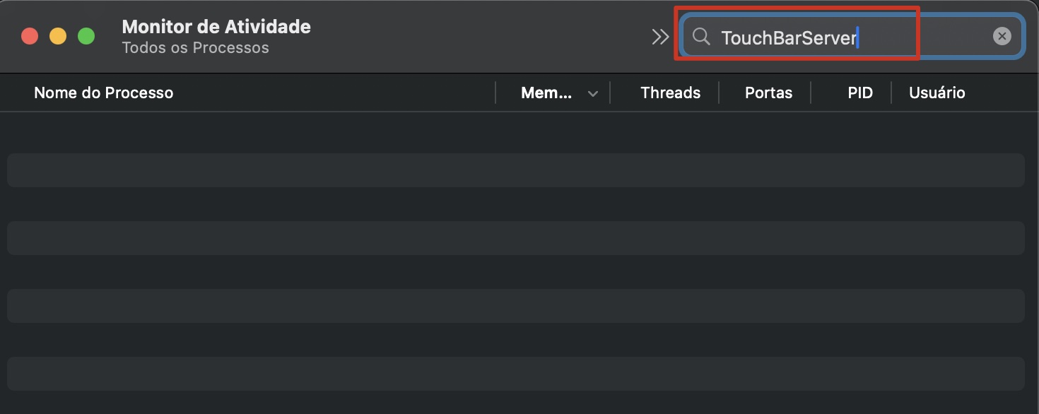 O aplicativo Monitor de Atividade está aberto no MacBook Pro, com a barra de pesquisa destacada. Pesquise por TouchBarServer no Monitor de Atividade para corrigir a Touch Bar do MacBook Pro.