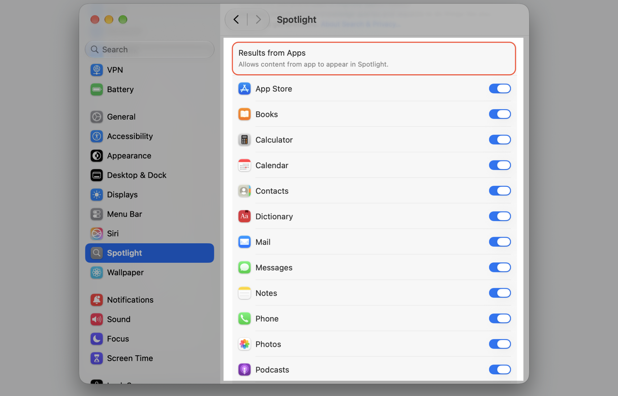 Spotlight tab in macOS System Settings with Results from Apps highlighted, toggling which apps like Mail and Photos appear in Spotlight.
