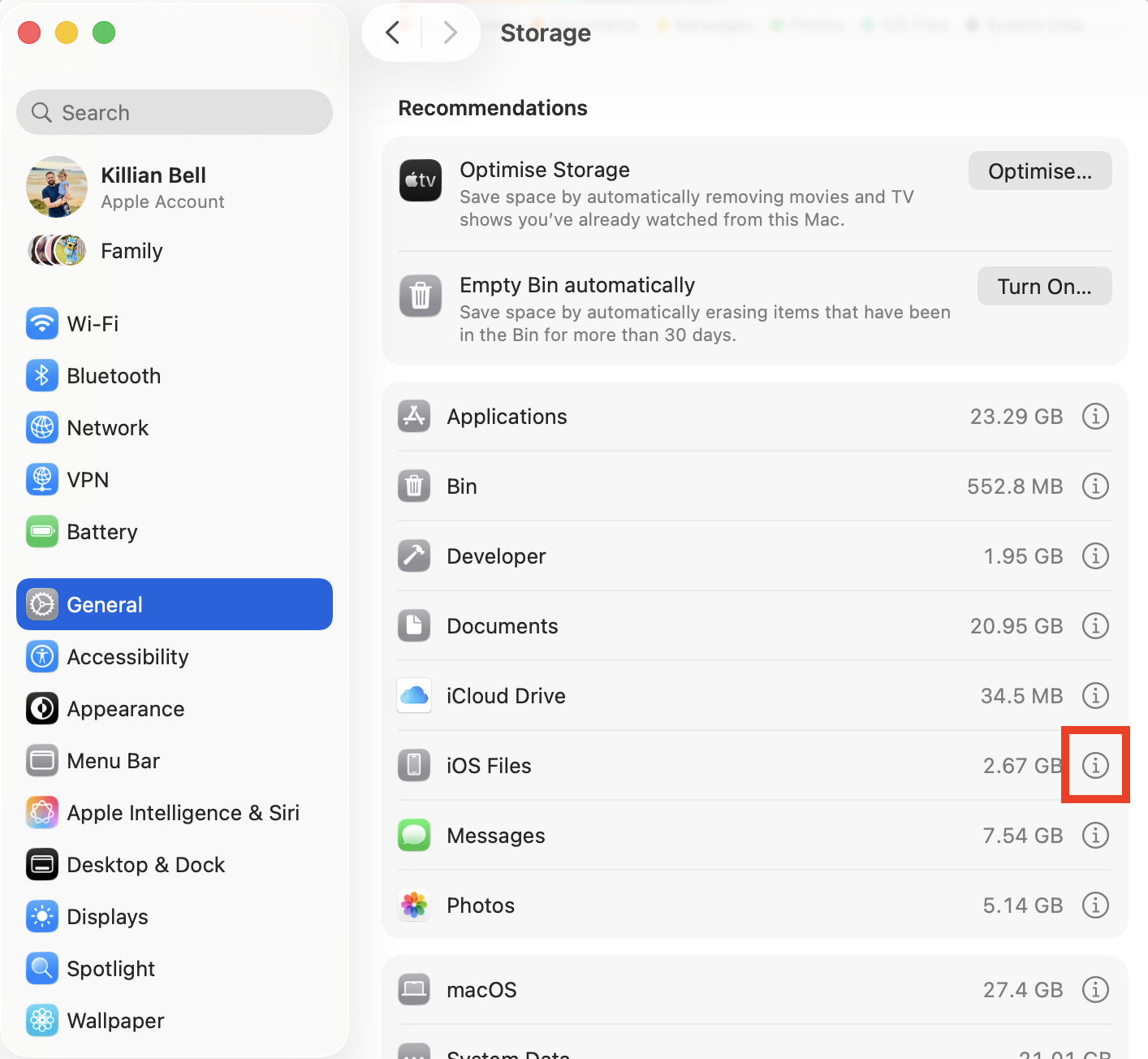 The iOS Files category within the Storage menu on Mac. When iOS files are taking up too much space on your Mac, delete them from here to free up storage.