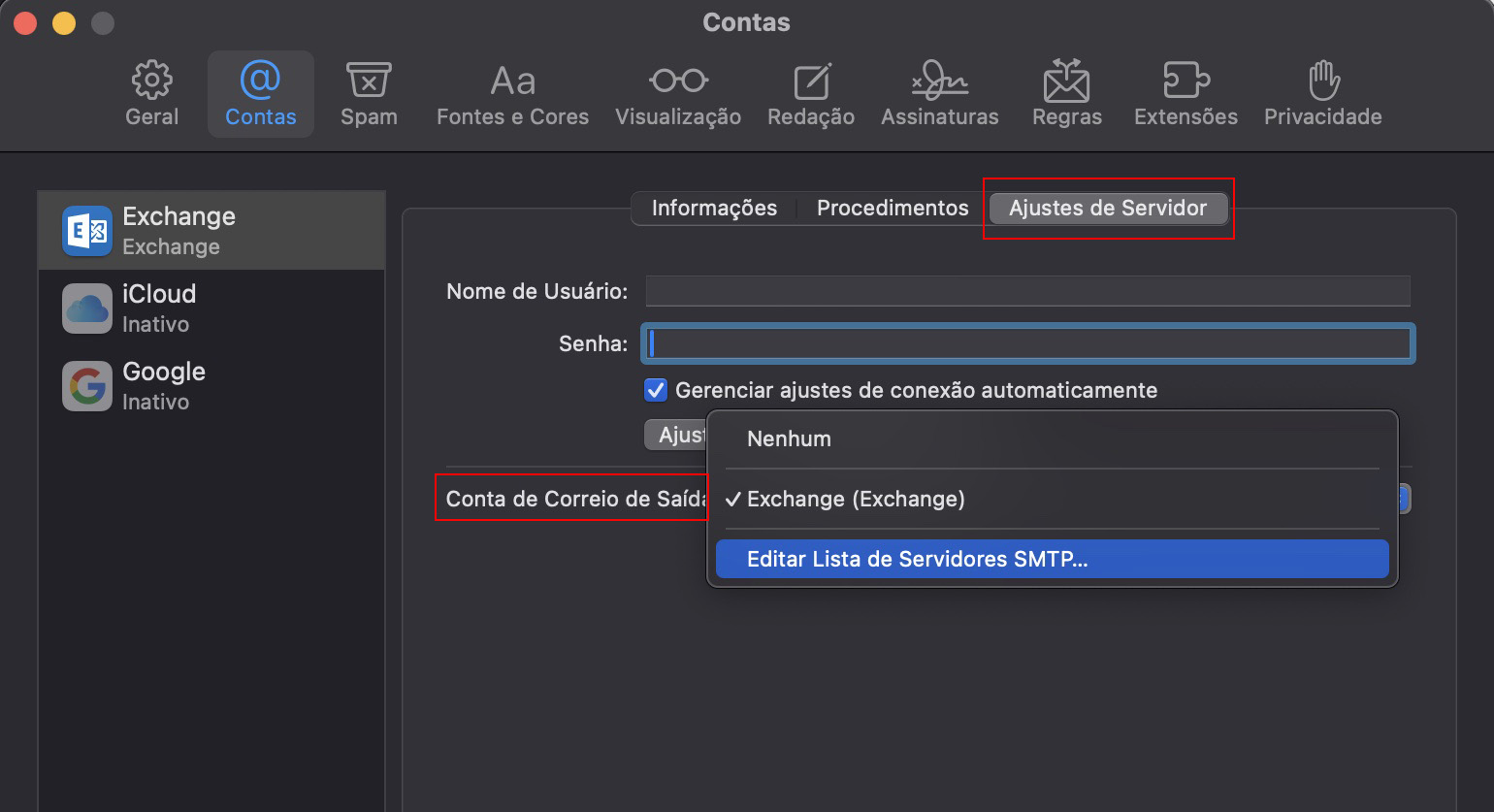 Na janela Contas aberta no seu Mac, escolha a conta desejada ou crie uma nova clicando no botão +. Em Conta de Correio de Saída, selecione a opção Editar Lista de Servidores SMTP.