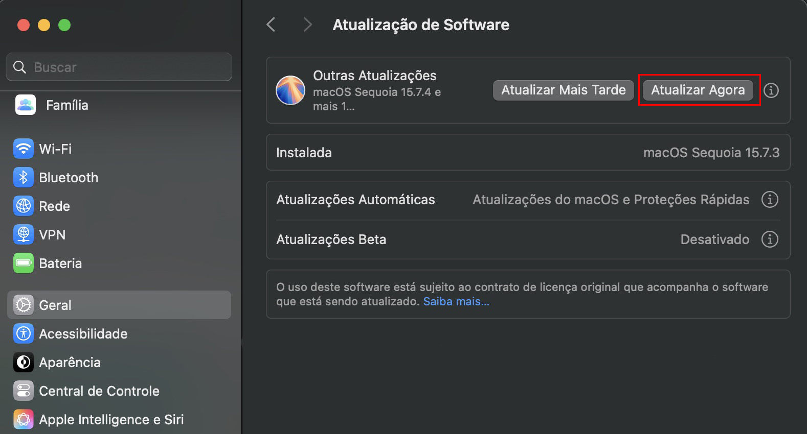 Quando estiver pronto para atualizar o software macOS, vá em Ajustes do Sistema > Geral e selecione Atualização de Software. Se houver alguma atualização disponível, selecione Atualizar Agora.
