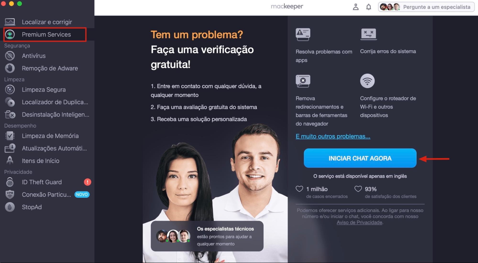No Mac, o MacKeeper exibe a tela de Premium Services. Clique em Iniciar Chat Agora para receber suporte dos especialistas do MacKeeper.
