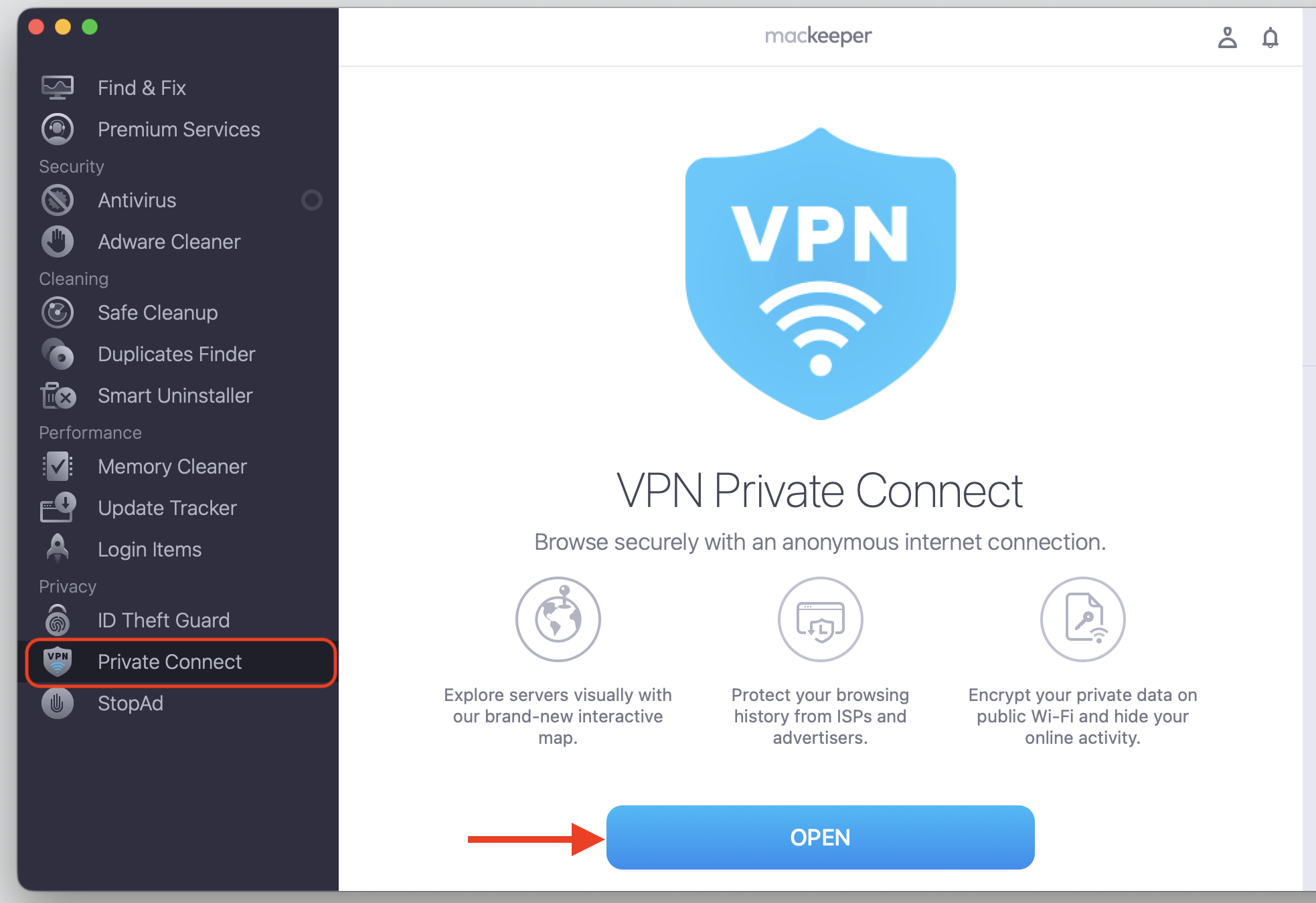 MacKeeper's VPN Private Connect window on macOS, with Private Connect selected in the sidebar and the Open button clicked to browse Tor safely.