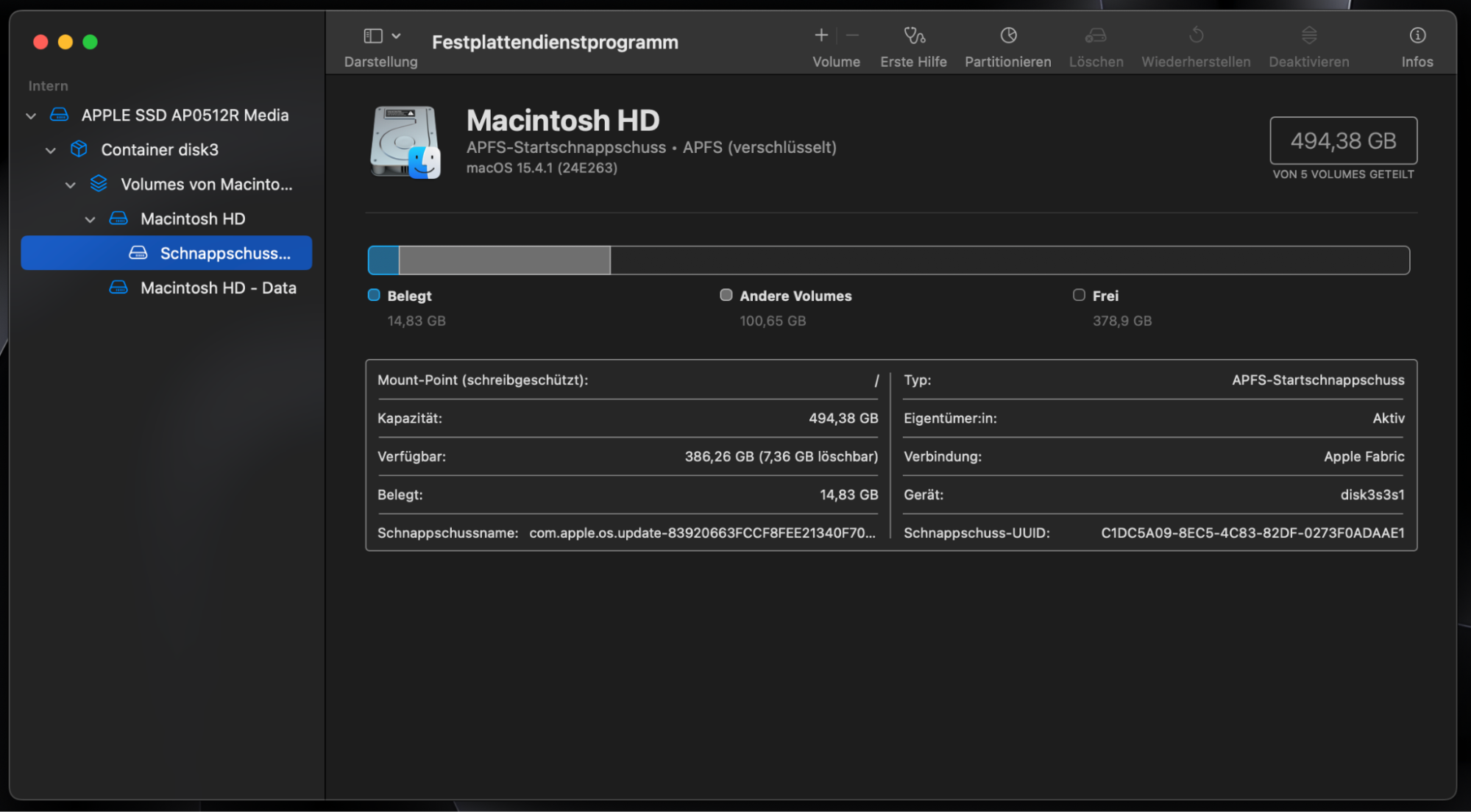 Klicken Sie oben im Fenster auf Erste Hilfe. Das Fenster Erste Hilfe überprüft das Volume auf Fehler. Anschließend wird das Volume bei Bedarf repariert. Klicken Sie in diesem Fenster auf Ausführen und dann im Netz auf Fortfahren. Befolgen Sie die Anweisungen, um das Programm auszuführen.