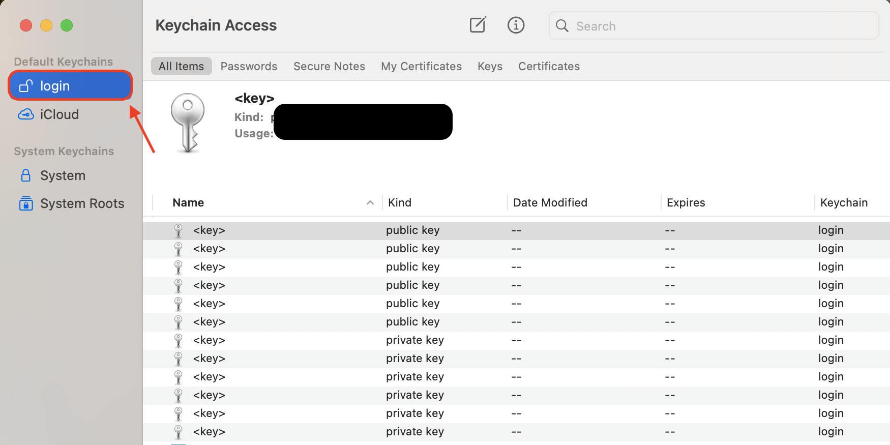 Select the login keychain to review stored credentials, then check for expired or duplicate entries that may cause repeated authentication prompts.