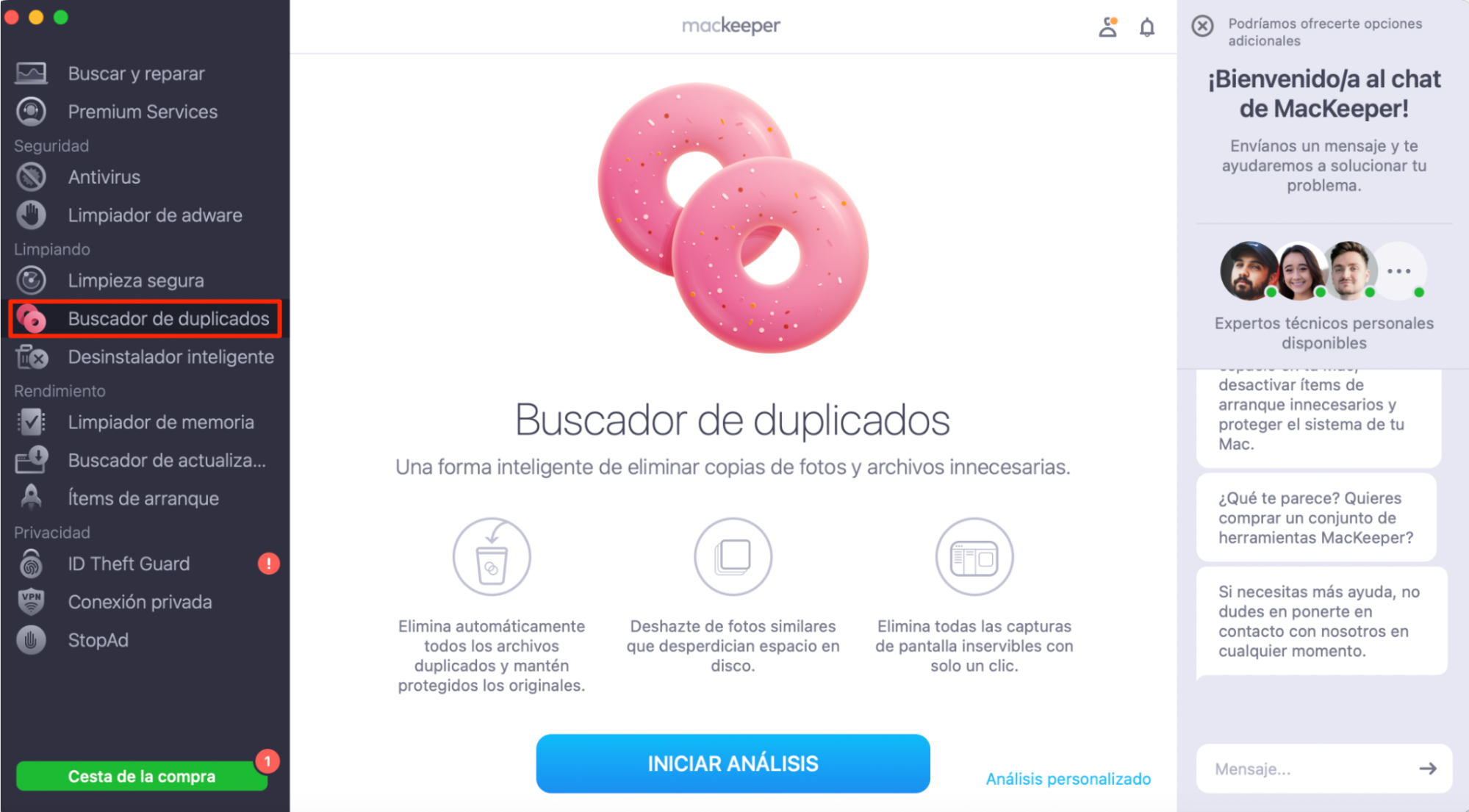 La aplicación MacKeeper muestra la función del Buscador de duplicados, incluida la opción de análisis personalizado, para que puedas encontrar y eliminar automáticamente las copias redundantes de imágenes en tu Mac.