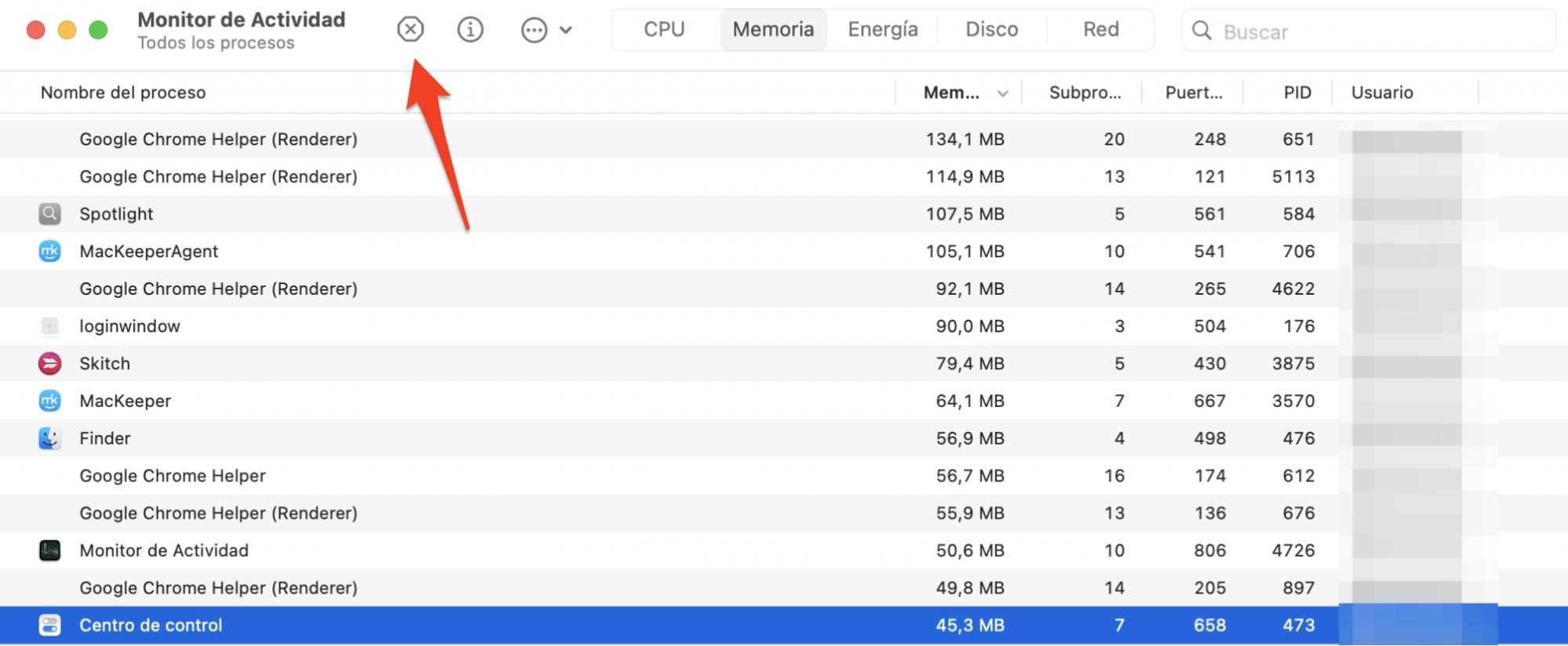 Selecciona la aplicación que ocupa la mayor parte de tu RAM y haz clic en el botón x.