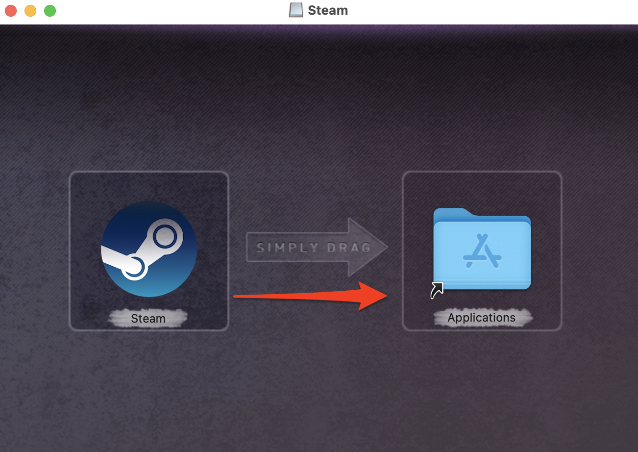 Ventana de instalación de Steam en macOS pidiendo a los usuarios que arrastren Steam a la carpeta Aplicaciones.