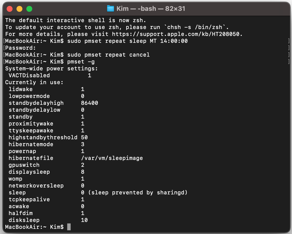 Puoi anche usare il comando pmset -g in qualsiasi momento per vedere quali sono gli orari di sospensione attualmente programmati sul tuo Mac.