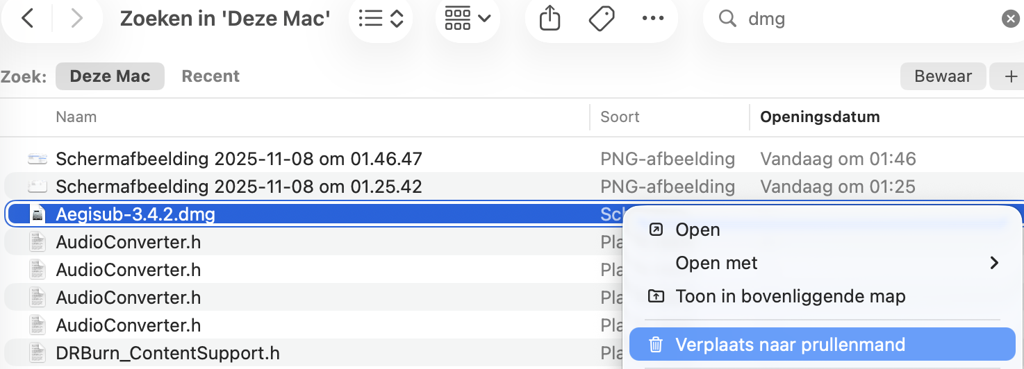 Wat er nu nog rest, is met de rechtermuisknop klikken op de DMG-installatiebestanden die je wilt verwijderen en Verplaats naar prullenmand kiezen. Vergeet niet daarna ook de prullenmand te legen om deze bestanden permanent van je MacBook of iMac te verwijderen.
