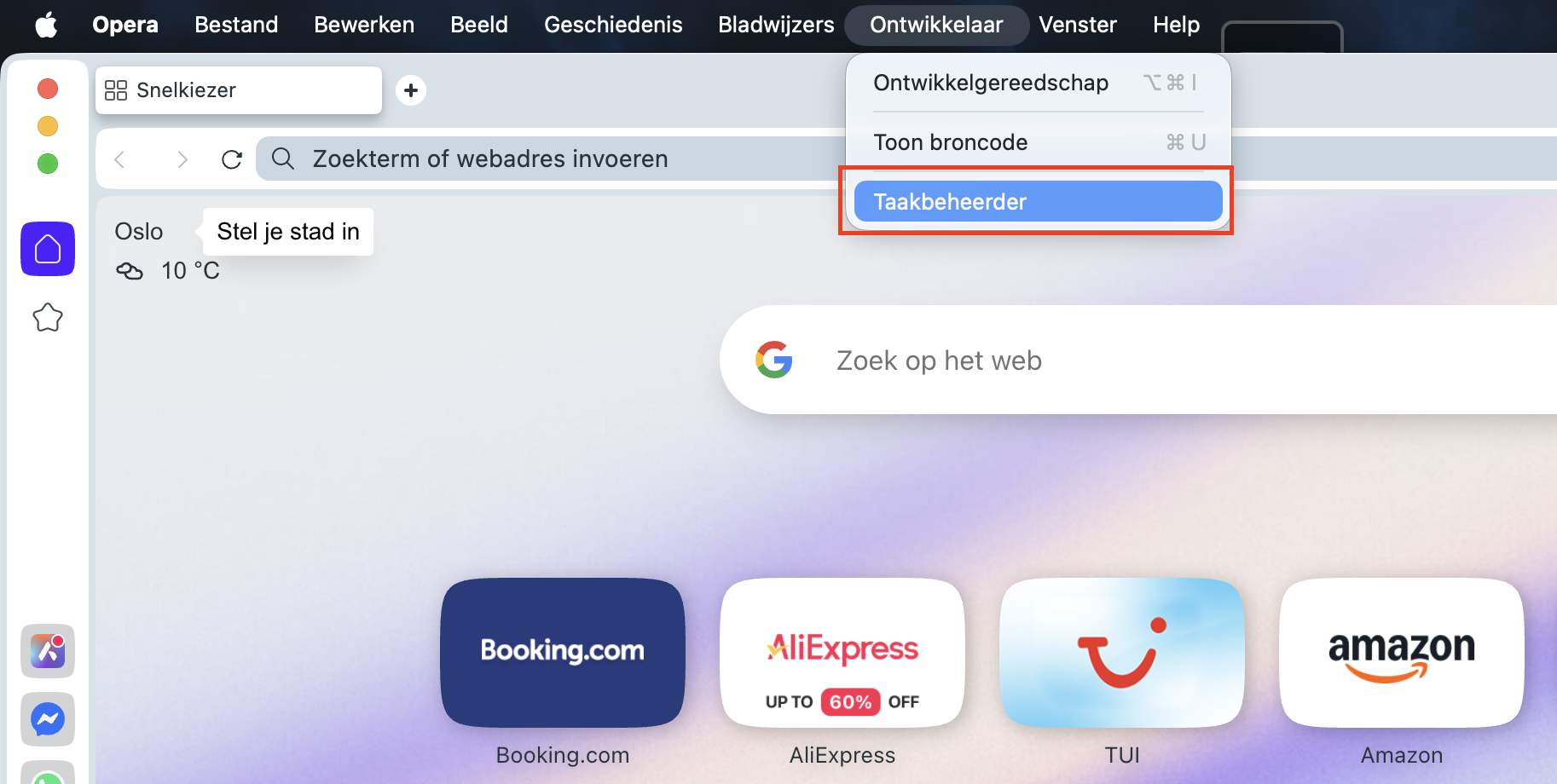 Selecteer Taakbeheer in het menu Ontwikkelaar van Opera.