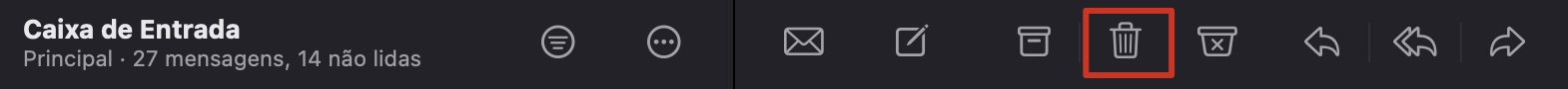  A barra de menu do aplicativo Mail do macOS com o ícone da lixeira destacado. Como excluir o cache do Mail no Mac: esvaziar a Lixeira através da barra de menu.