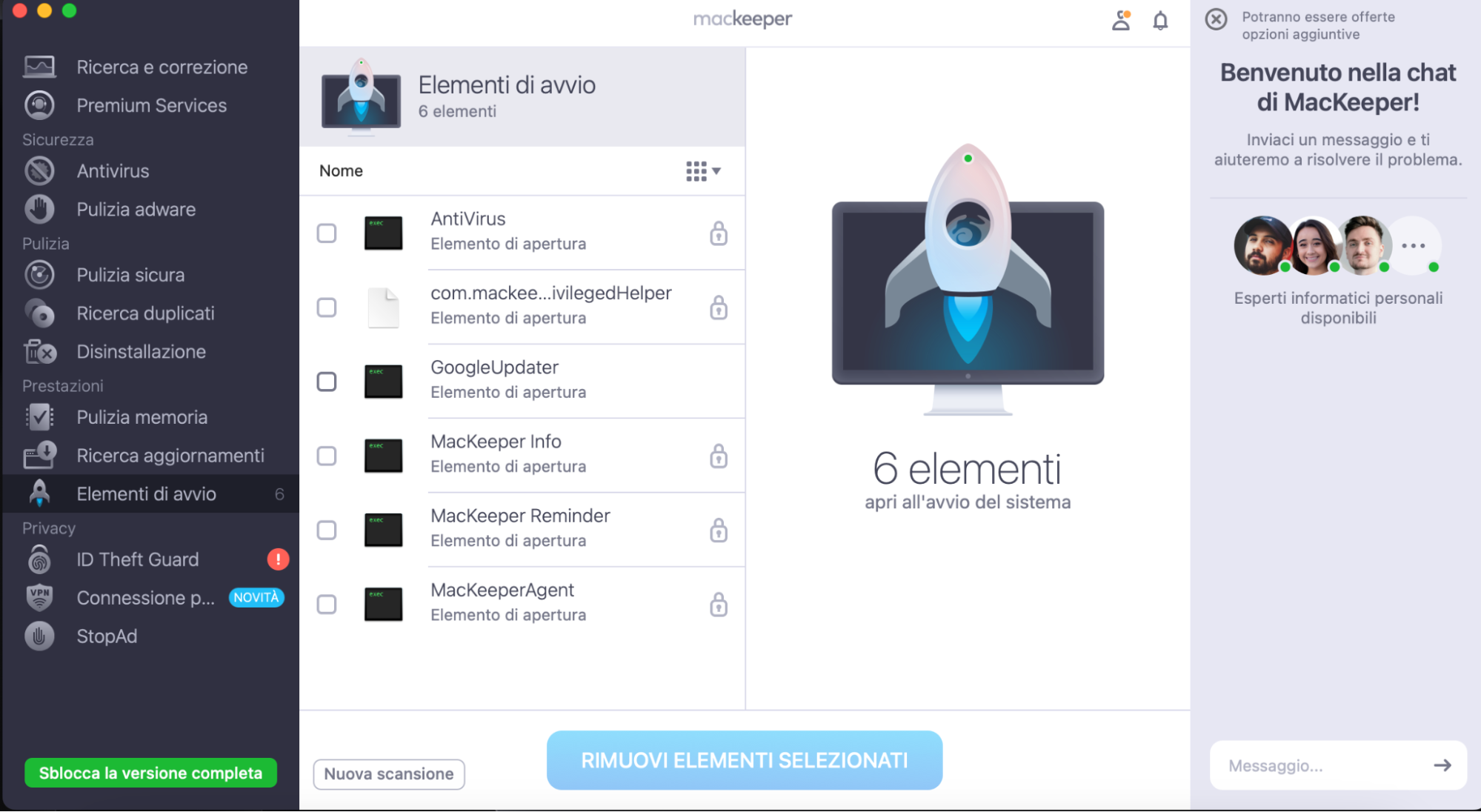 MacKeeper su Mac mostra lo strumento Elementi di accesso. Selezionate le applicazioni che non volete eseguire all'avvio, quindi fate clic su Rimuovi elementi selezionati.