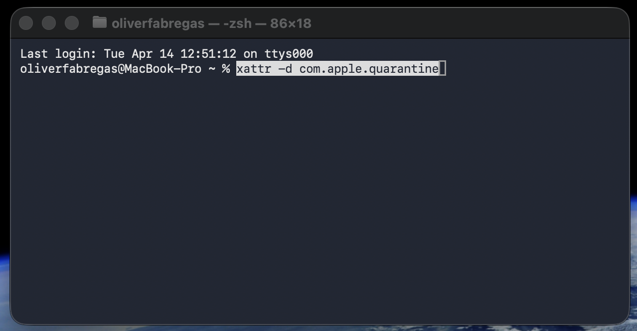 Typing the xattr -d com.apple.quarantine command in the Terminal window on a MacBook removes the quarantine flag from a damaged app.