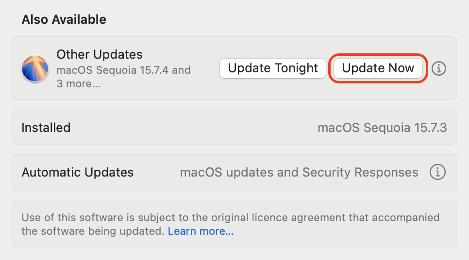 If a macOS update is available, click Update Now to download and install the latest system improvements and security fixes.