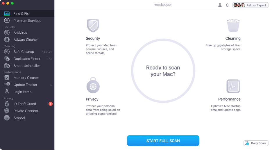 Open the MacKeeper app on your MacBook to fix the clipboard error, showing the dashboard sidebar where you select Premium Services.
