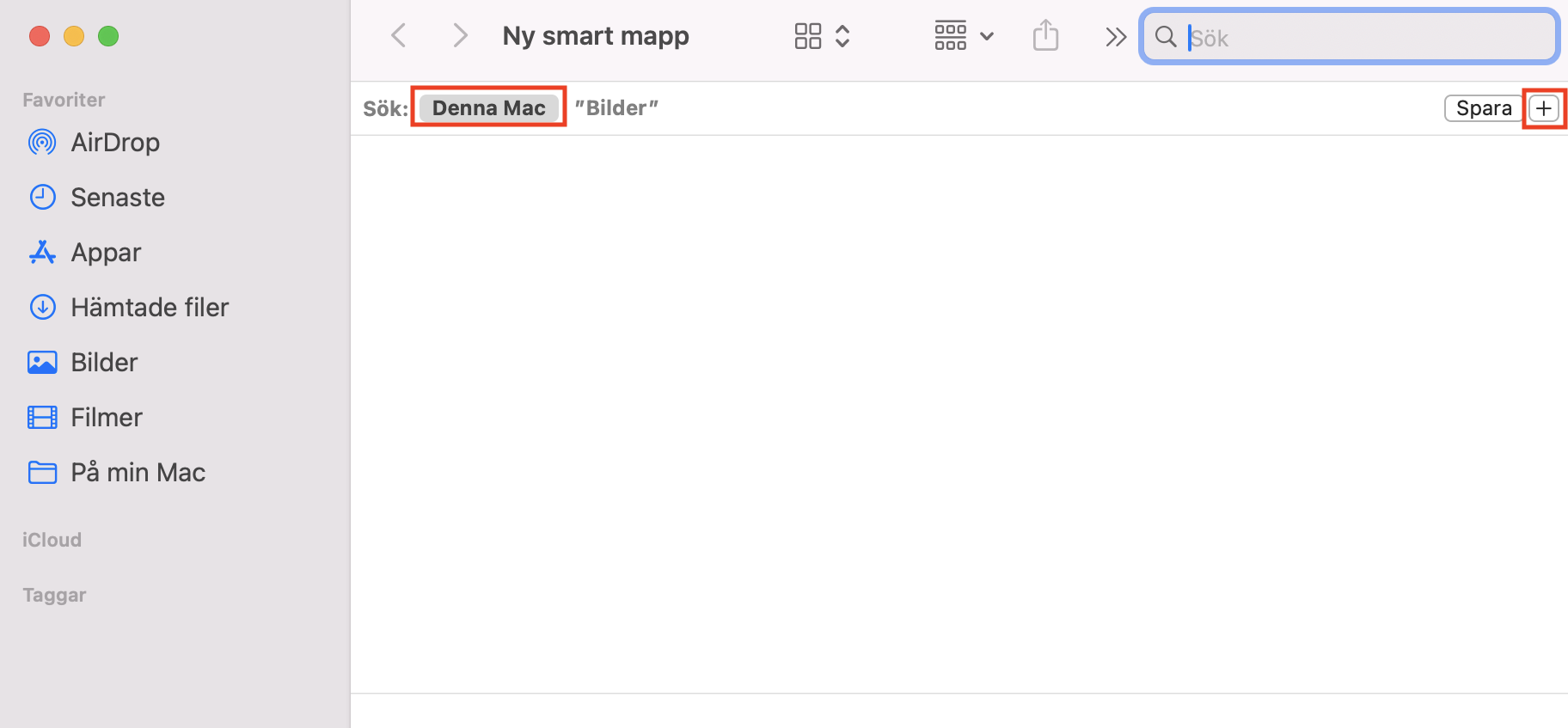I fönstret 'Ny smart mapp' väljer du 'Denna Mac' och klickar på plusikonen. Det innebär att du söker igenom hela din Mac, men du kan också välja specifika mappar.
