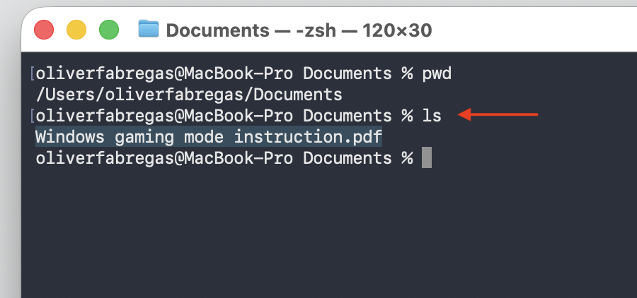 Terminal on an Apple laptop running ls in the Documents folder, listing a PDF successfully with no operation not permitted error.