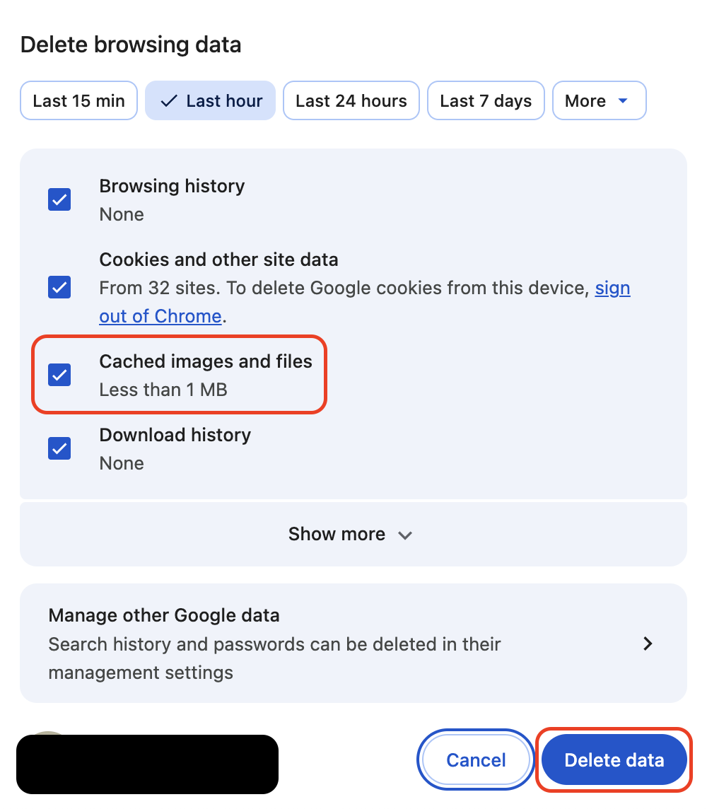 Choose a time range in Chrome (select All time for full cleanup), check Cached images and files, then click Clear data to remove stored website cache.
