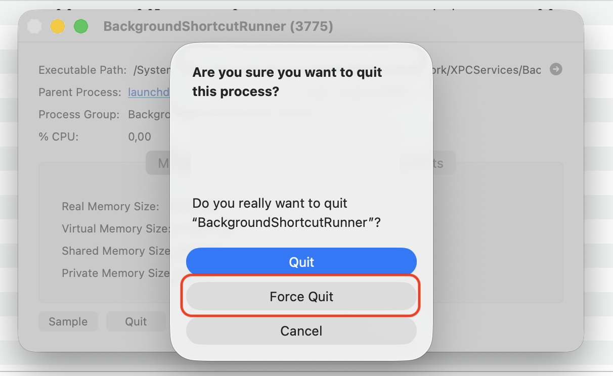 Confirming with the Force Quit option in the Activity Monitor dialog to end the backgroundshortcutrunner process on macOS.
