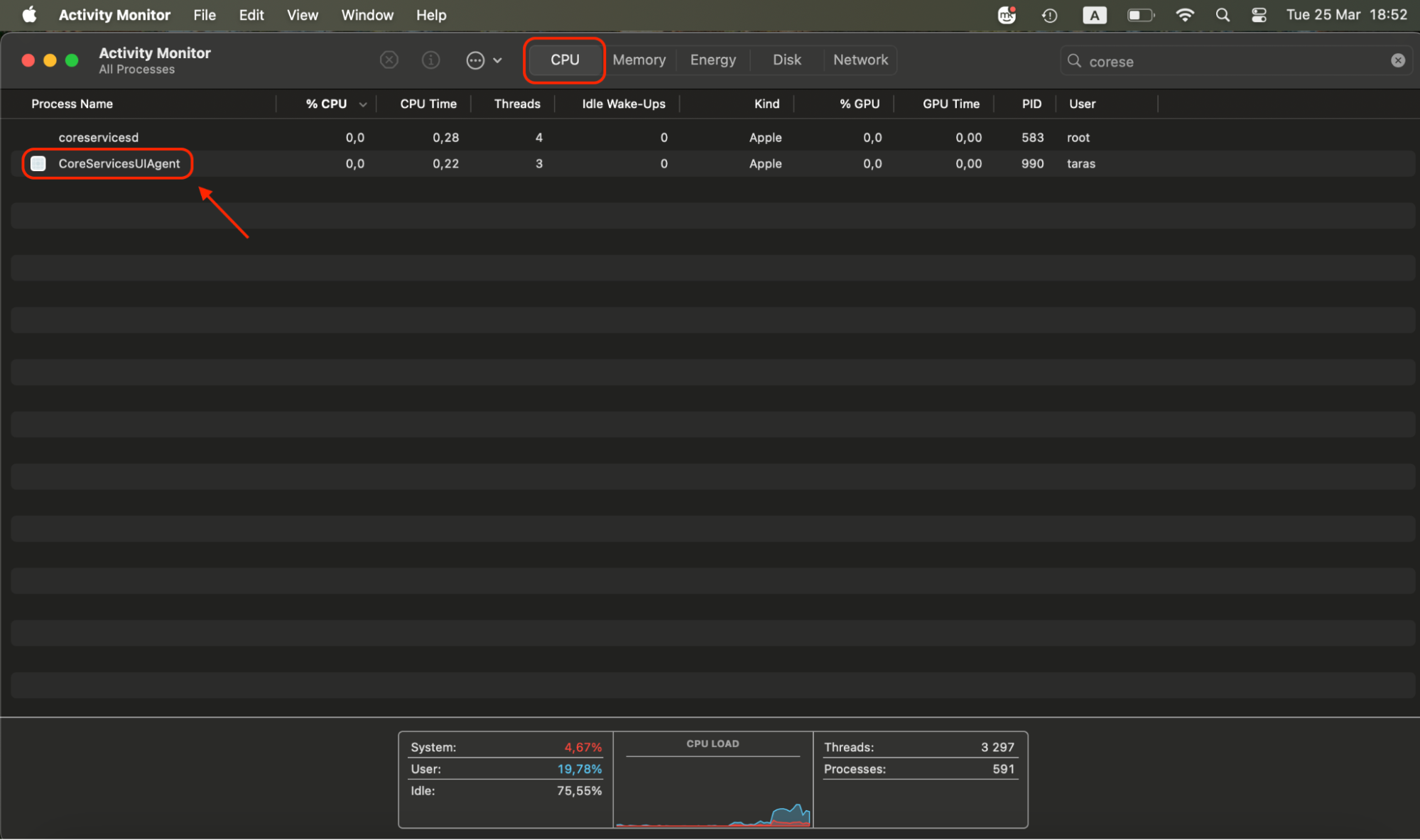Type CoreServicesUIAgent into the search bar to locate the system process responsible for handling app verification and installation dialogs.