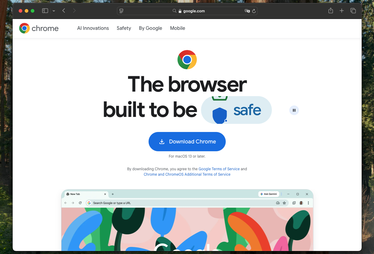 Safari open on a MacBook downloading a fresh copy of Google Chrome from the official site to replace the crashing installation.