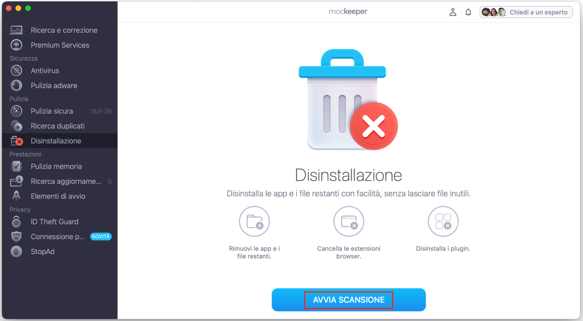 Nel tool Disinstallazione di MacKeeper, clicca su Avvia scansione per visualizzare l’elenco delle app potenzialmente superflue presenti sul tuo Mac.