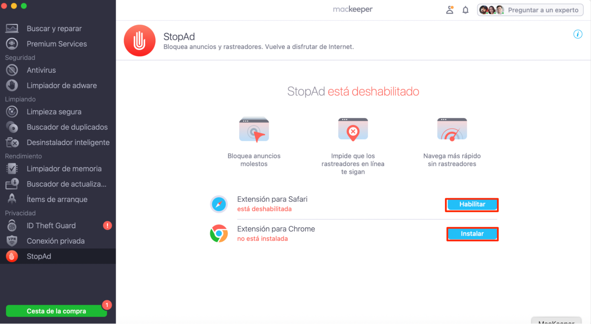 StopAd de MacKeeper, con Instalar y Activar resaltados junto a Chrome y Safari. Uso de bloqueadores de anuncios, parte de una guía sobre cómo eliminar las ventanas emergentes falsas de McAfee en Mac.