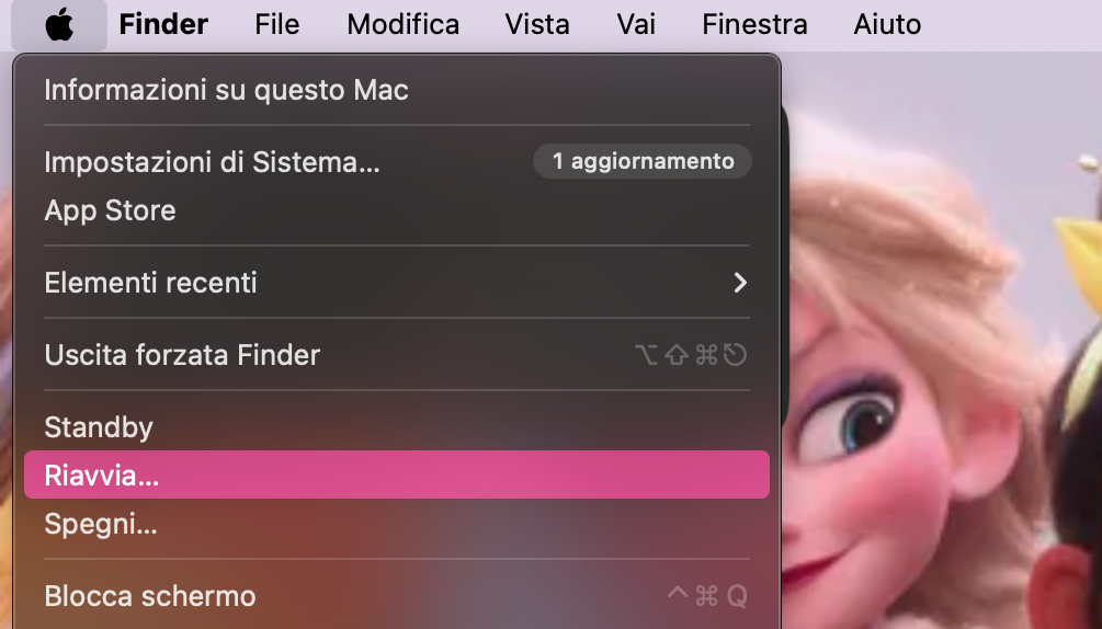 Per riavviare il Mac, fai clic sul logo Apple e scegli Riavvia.