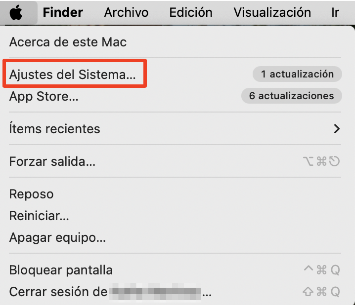El menú Apple en un Mac, con Ajustes del Sistema seleccionado. Cómo arreglar servicio de cuentas quiere usar el llavero de inicio de sesión.