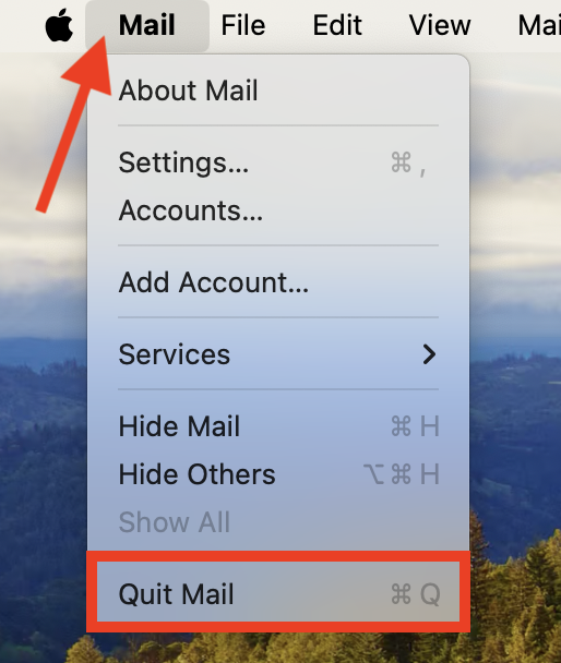 The Mail menu in Apple Mail on Mac. You should quit then re-start Mail after disabling an account to reset your Apple Mail preferences, which can help fix Apple Mail search when it's not working.
