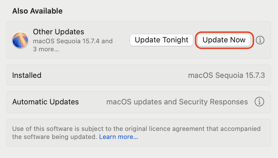 Click Update Now in Software Update to download and install the latest macOS version, fixing bugs and improving your Mac's stability and performance.