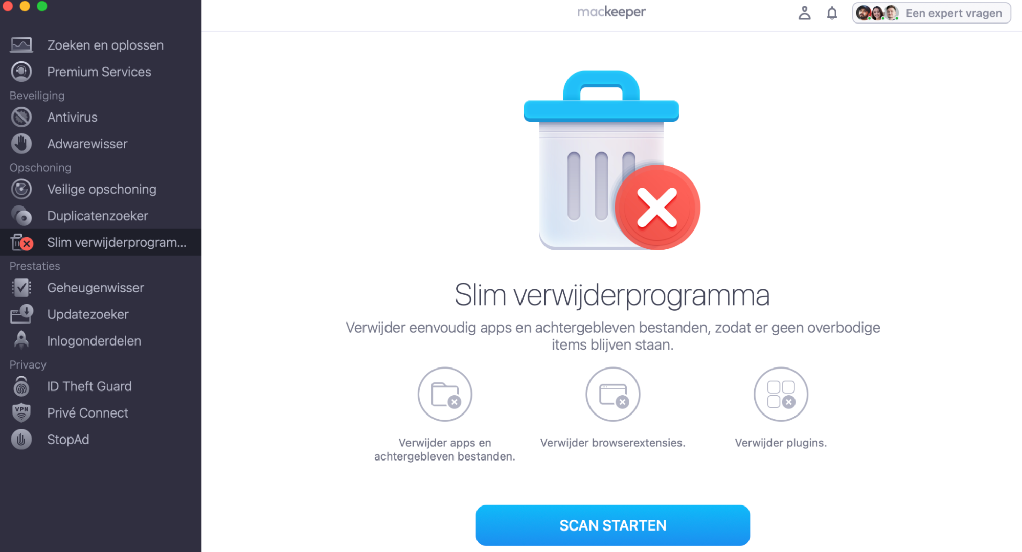 Start de MacKeeper-app op je Mac en klik in het menu aan de linkerkant op de functie Slimme deïnstalleerder. Klik daarna op Scan Starten.