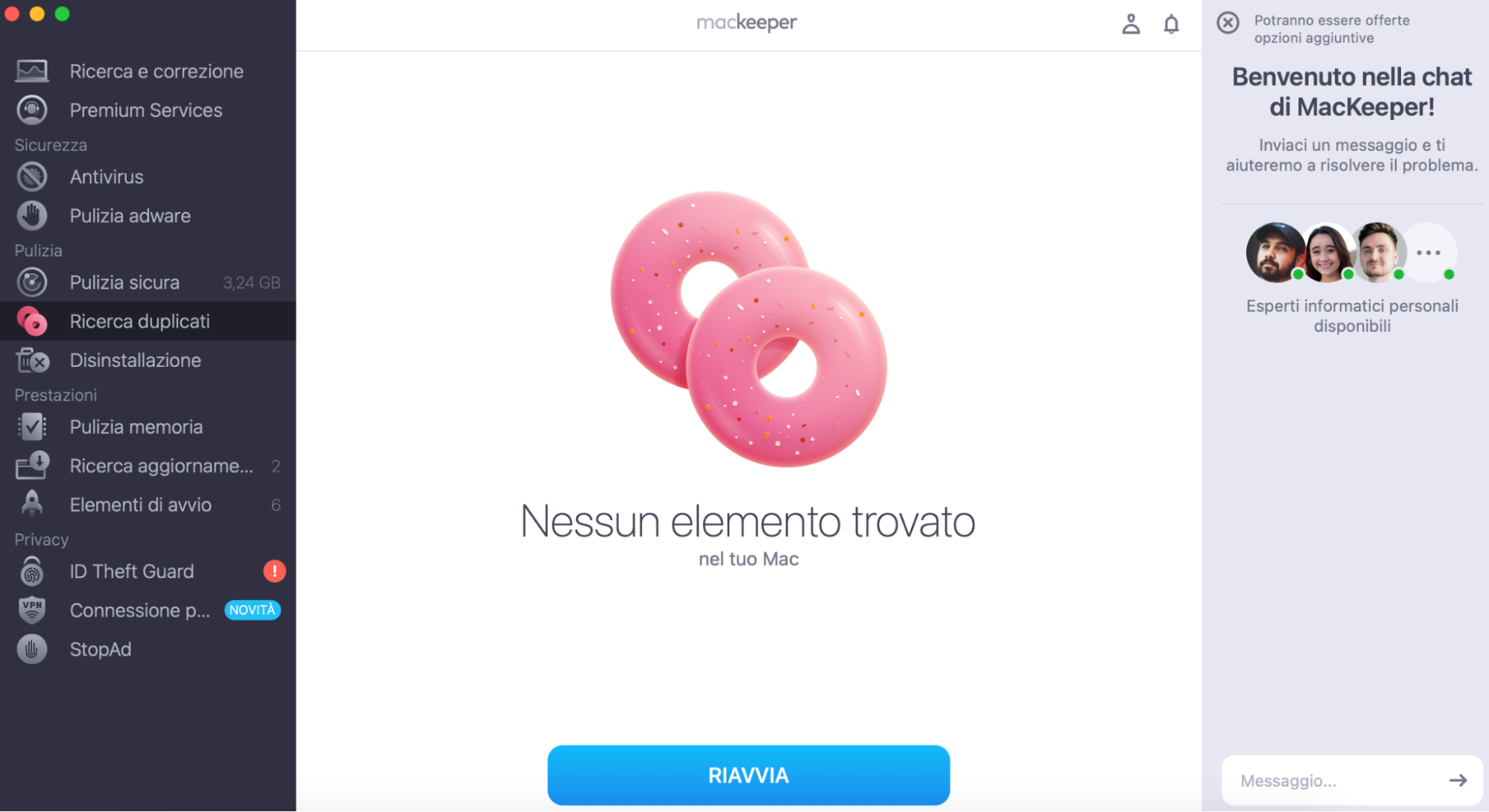 Per trovare e rimuovere foto duplicate dal tuo Mac, usa il Ricerca Duplicati di MacKeeper. L'app troverà ed eliminerà tutti i duplicati in modo sicuro. Avvia MacKeeper, vai al Ricerca Duplicati e fai clic su Avvia Scansione.