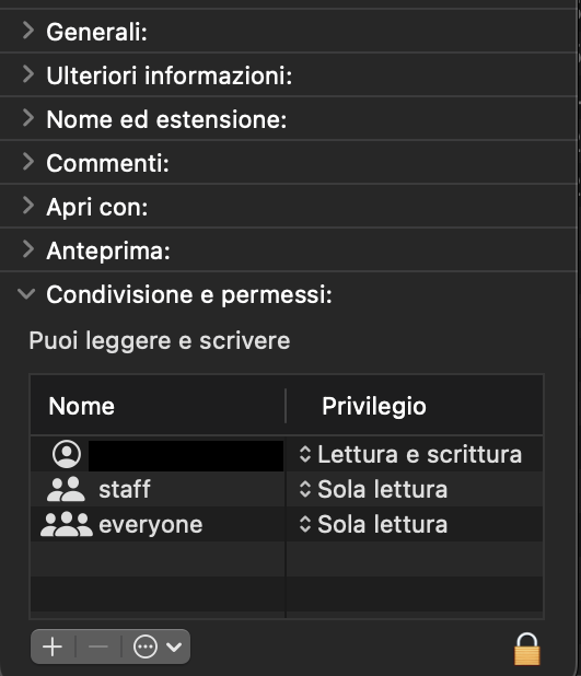 Dovresti verificare di avere i permessi di Lettura e Scrittura. In caso contrario, non apportare modifiche, incluso il copia e incolla, sul tuo Mac.