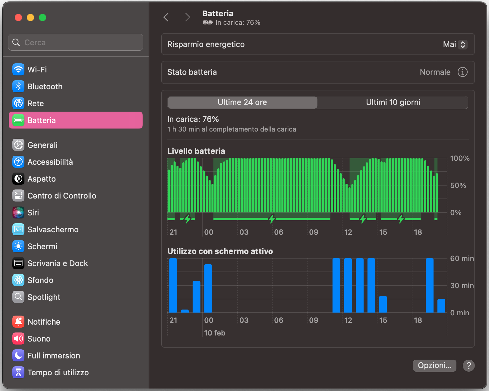 Per reimpostare le impostazioni Wi-Fi tramite le impostazioni batteria, vai nel menu Apple > Impostazioni/Preferenze > Batteria. Poi disattiva la modalità a basso consumo selezionando Mai.