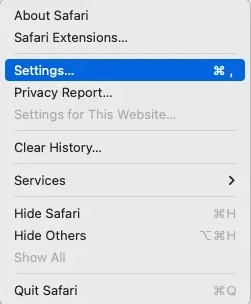Begin by opening the Safari browser program on your device, navigate to the above drop-down menu, then select Settings to clear WhatsApp cache on Mac.