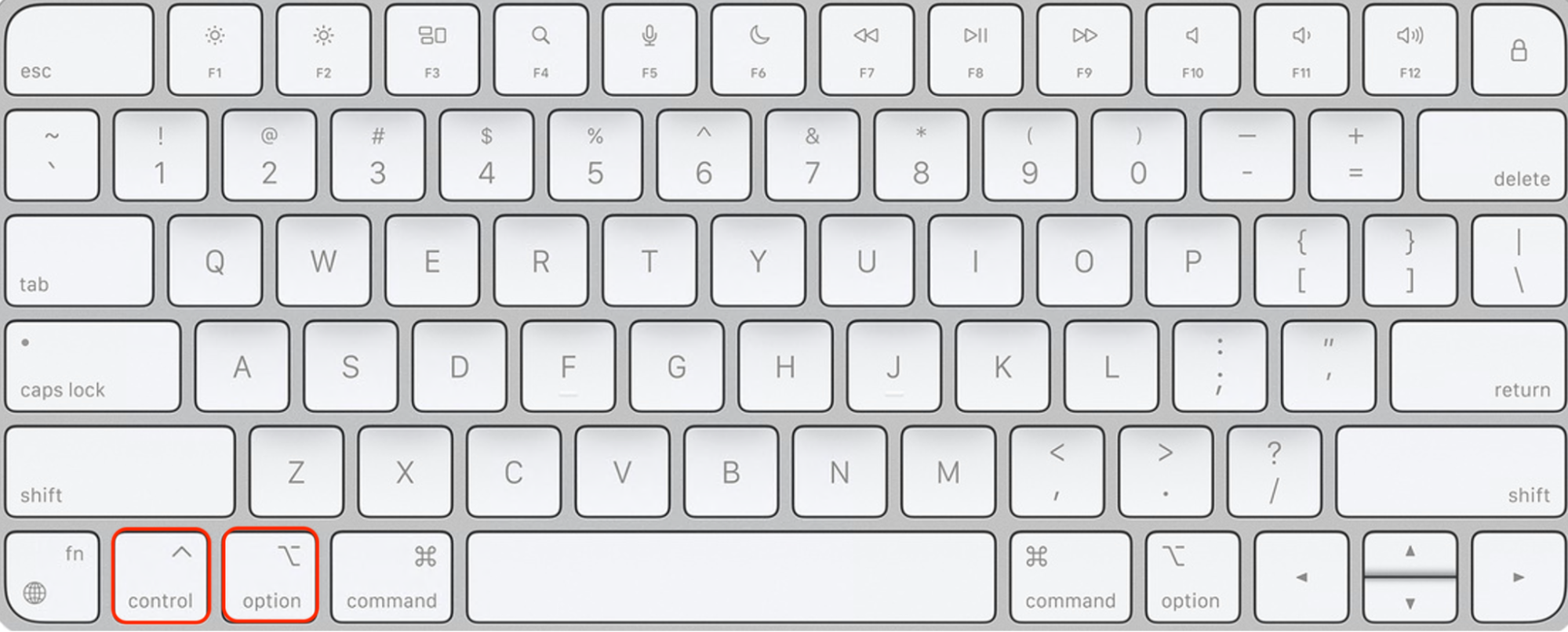 Het Mac-toetsenbord toont de toetsen om de SMC op je Intel-MacBook met T2 te resetten. Houd eerst Control + Option aan de linkerkant van het toetsenbord ingedrukt.
