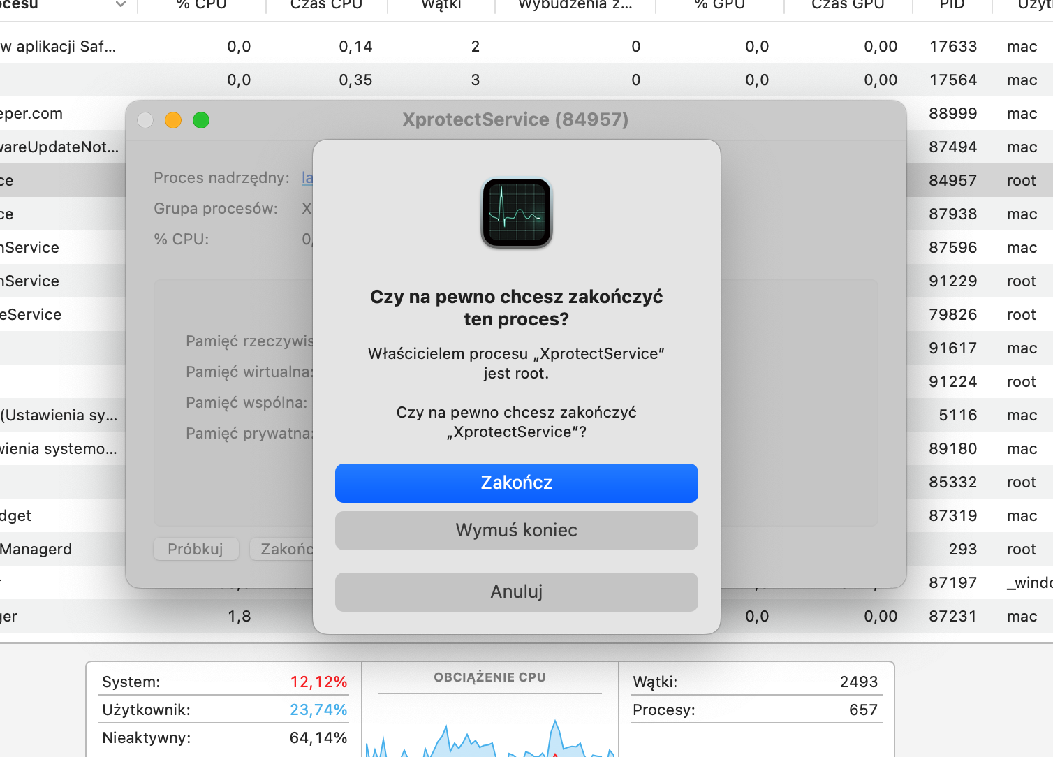 Kliknij Zakończ w wyskakującym okienku, aby potwierdzić usunięcie procesu.