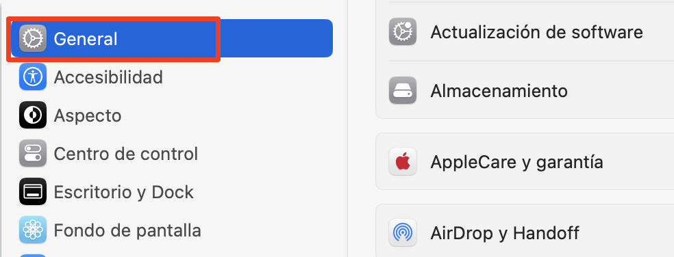 Desactivar AirPlay es uno de los pasos necesarios para solucionar el problema de que tu pantalla se vea en Mac. Para ello, empieza por abrir Ajustes del sistema y selecciona General en la barra lateral.