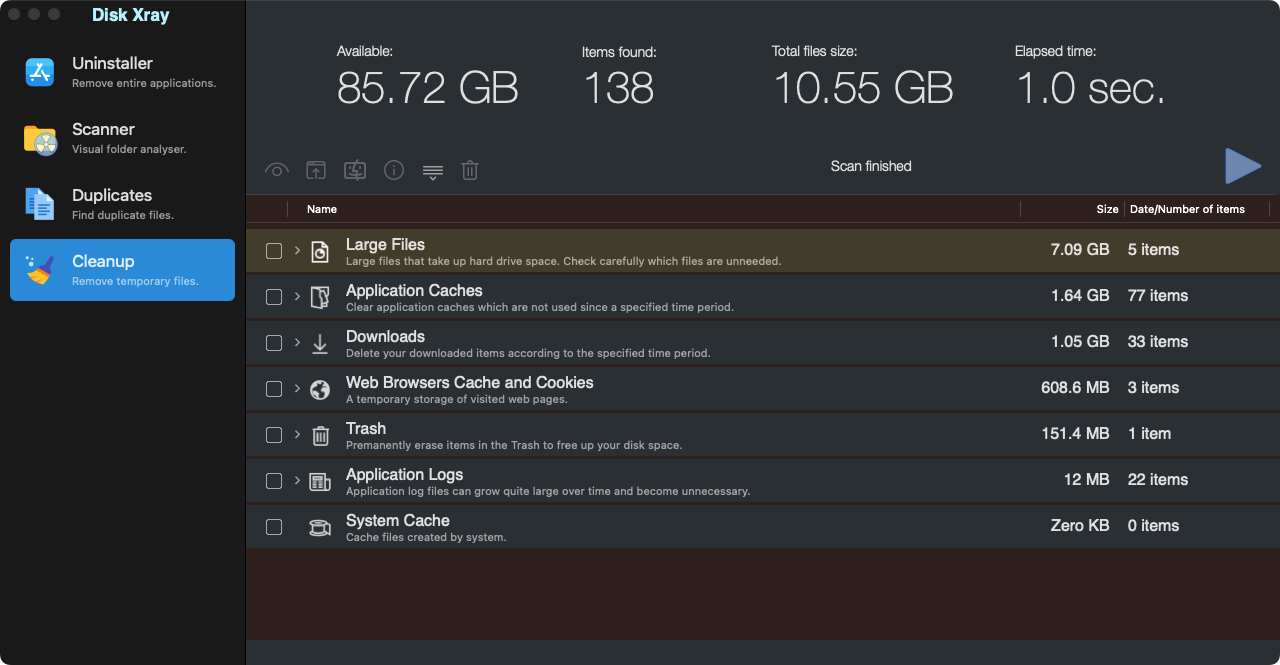 Using the Cleanup tool in Disk Xray, you can find and delete a variety of large files, application caches, and more - all within a couple of clicks.