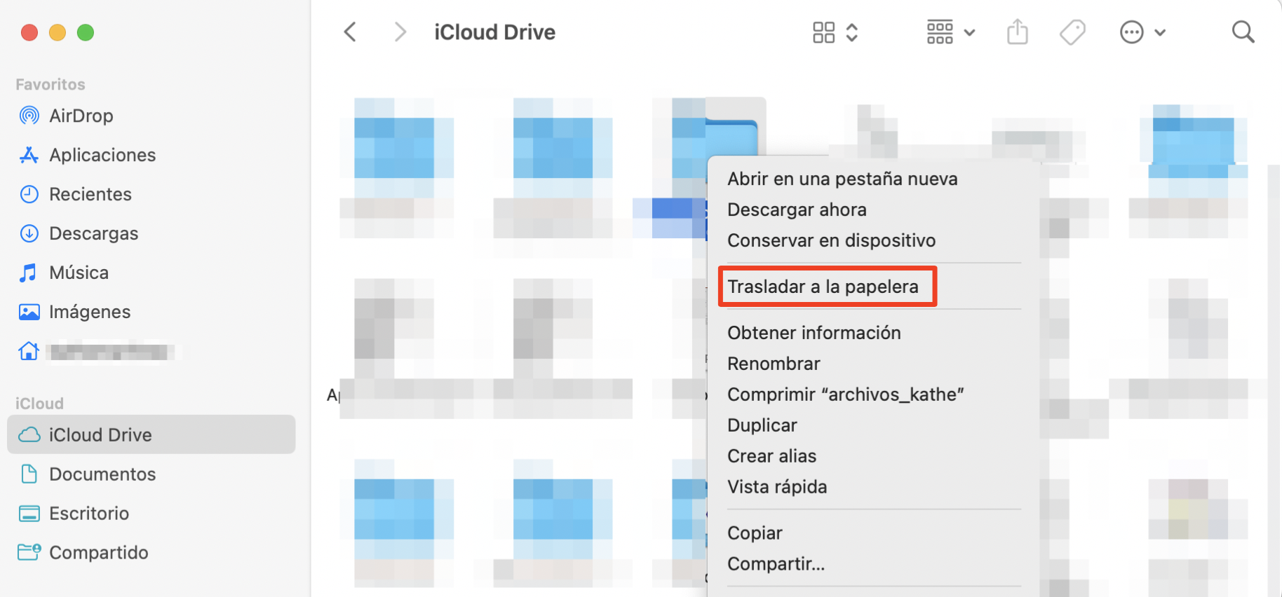 Para liberar espacio en tu iCloud Drive, elige Trasladar a la papelera para eliminar archivos. iCloud Drive ocupa mucho espacio en Mac.