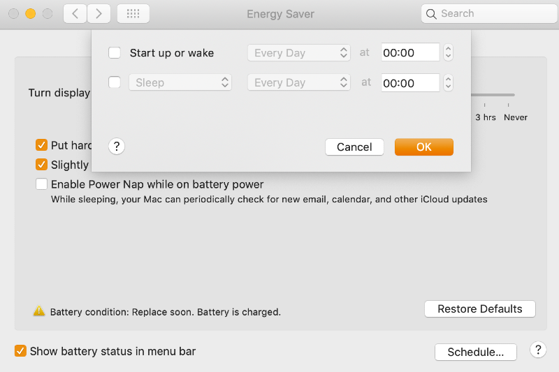 Energy saver window with options to schedule Mac sleep Energy saver window with options to schedule Mac sleep