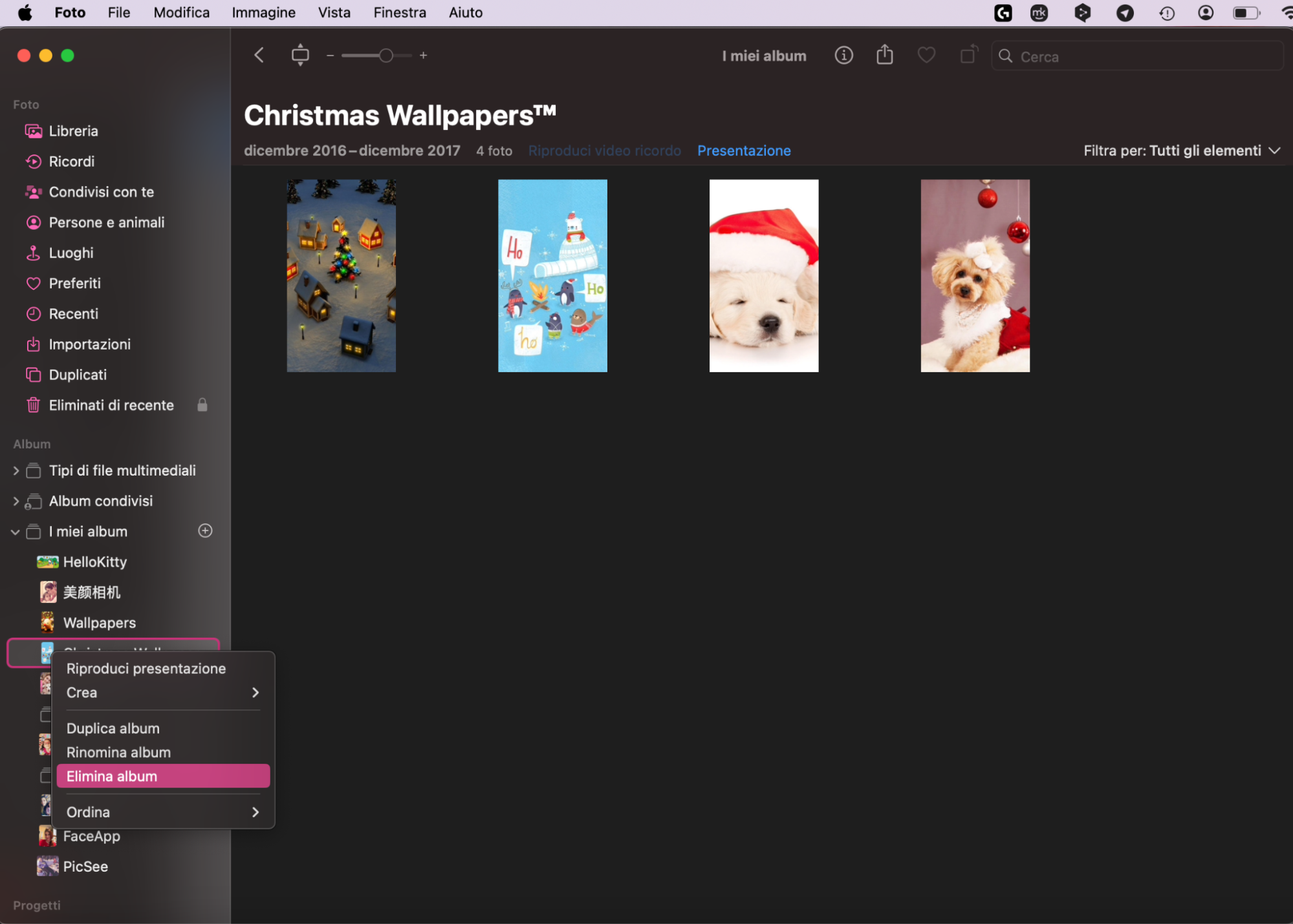 Per eliminare un intero album nell’app Foto di macOS, apri Foto. Scegli l’album che vuoi eliminare, fai clic destro su di esso e seleziona Elimina album.