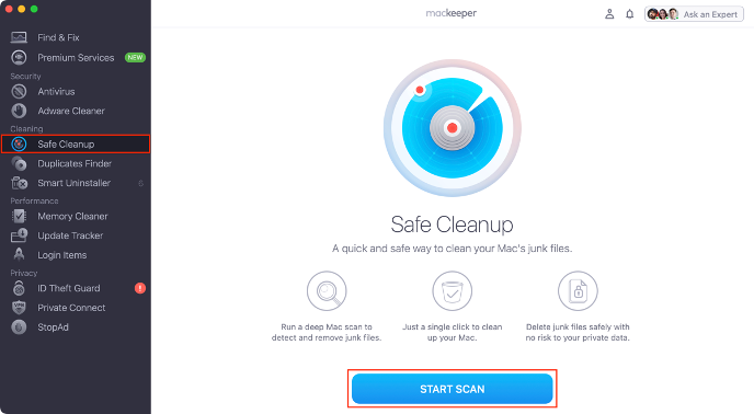 After installing MacKeeper on your Mac, select Safe Cleanup and click the Start Scan button.