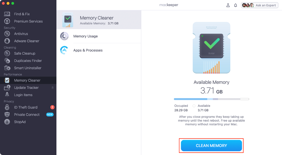 To free up RAM on your Mac, click Clean Memory on the MacKeeper app.